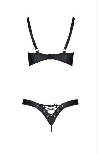 Passion Celine Bikini - Комплект из экокожи: открытый бра с лентами, стринги со шнуровкой, 6XL/7XL (чёрный)